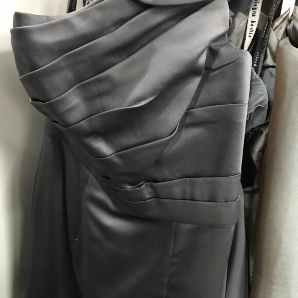 Knee-Length Satin Bridesmaids Dress, Charcoal Grey gray 1 Shoulder with ruffle - Picture 5 of 6